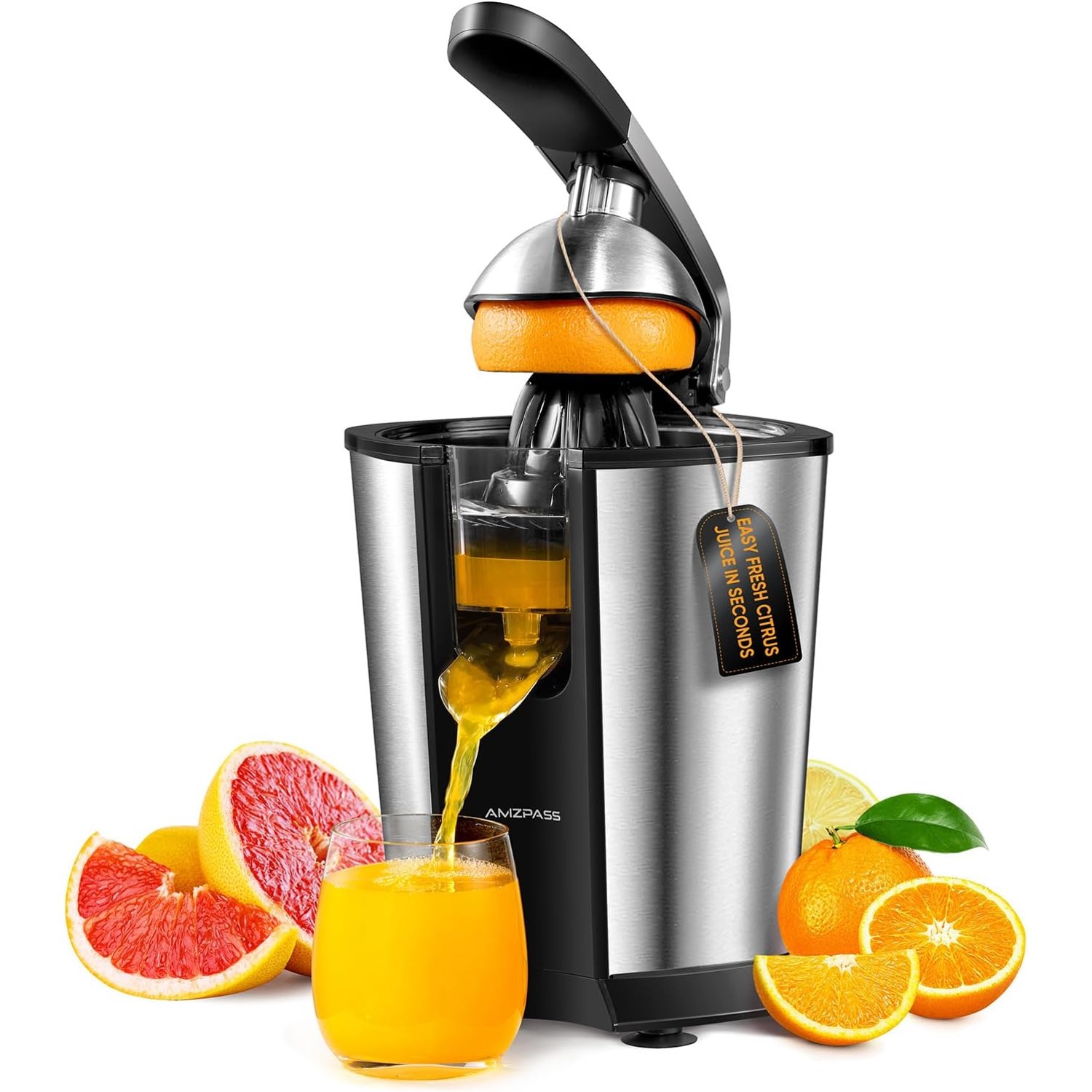 Electric citrus juicer pouring fresh orange juice into a glass, surrounded by grapefruit, orange and lime
